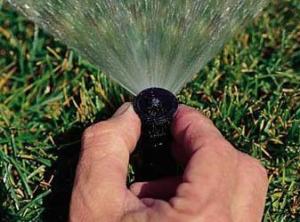 a Centreville Sprinkler Repair tech hand adjusts a mini pop up head